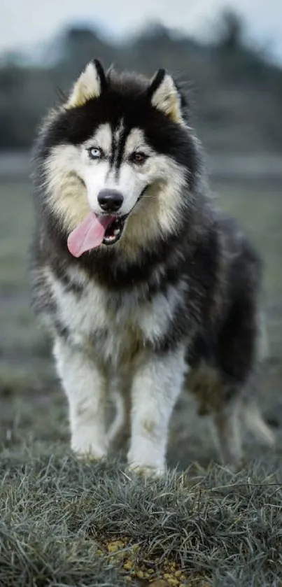 Majestic Siberian Husky stands in a scenic natural backdrop, displaying thick fur and bright eyes.