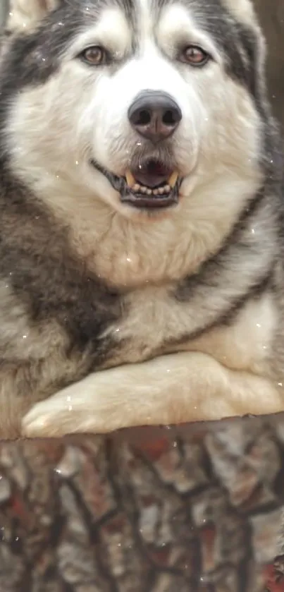 Majestic husky resting in snowy landscape wallpaper.
