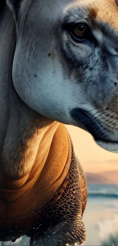 Wallpaper of a majestic, realistic hybrid animal with a horse-turtle blend by the ocean.