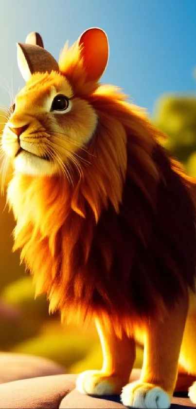 Majestic lion-rabbit hybrid in sunset scene, perfect for mobile wallpaper.