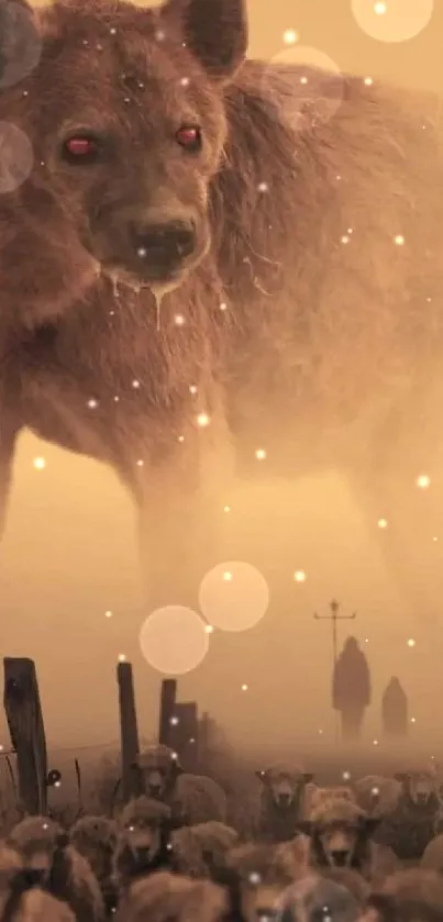 Surreal giant hyena in a foggy landscape with muted tones.