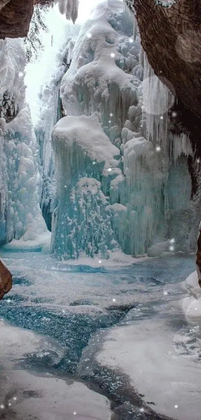 Majestic ice cave with frozen waterfall scene.