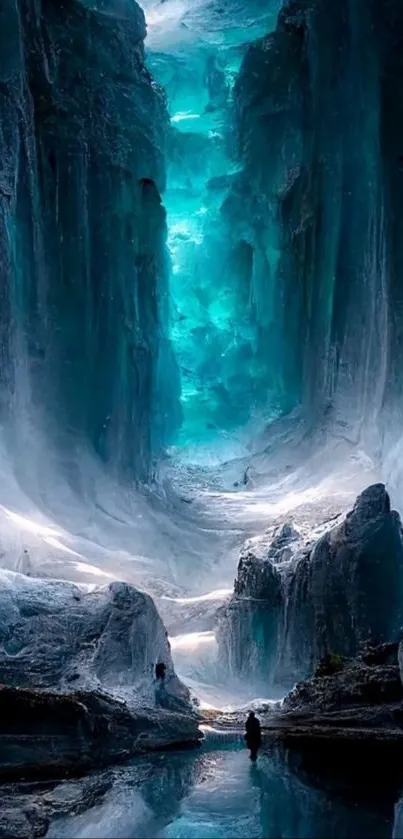 Majestic ice cave with vibrant blue hues and intricate formations.