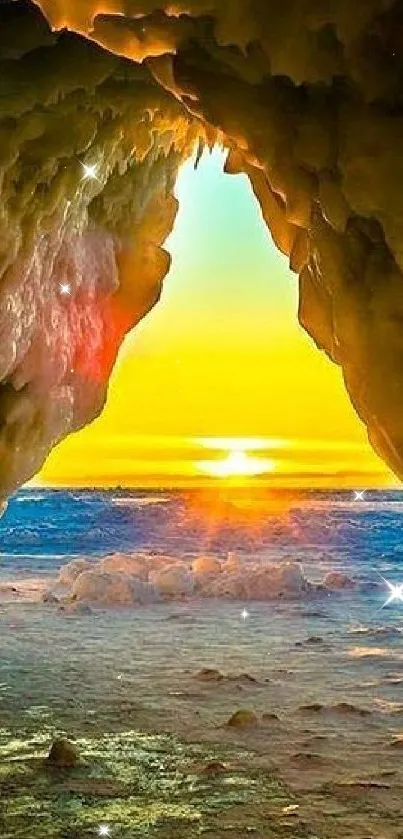 Sunrise view through an ice cave with vibrant orange and blue hues.