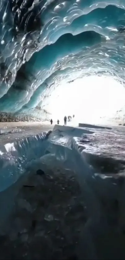 Breathtaking view inside an ice tunnel with glowing crystalline blue hues.