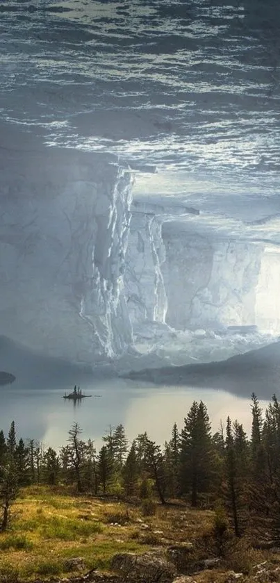 Ice cave over a peaceful lake and forest scene.