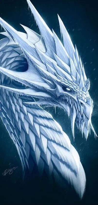 Majestic ice dragon illustration in deep blue hues, perfect for fantasy wallpaper.