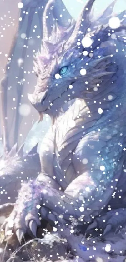 Majestic ice dragon in snowy landscape mobile wallpaper.