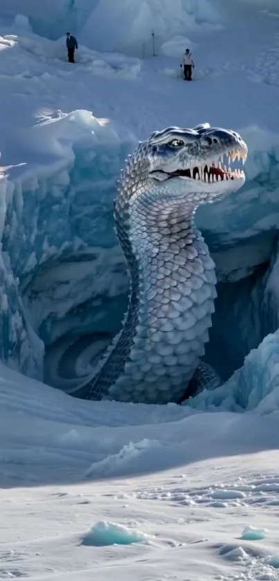 A giant dragon rising from icy terrain with people observing.