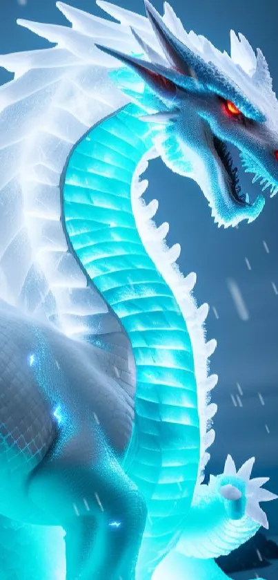 Glowing ice dragon with blue and white hues in a mystical fantasy design.