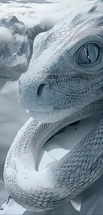 Majestic ice dragon with snowy mountains.