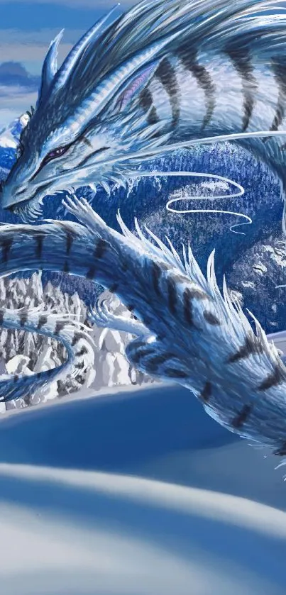 Majestic ice dragon in snowy mountains mobile wallpaper.