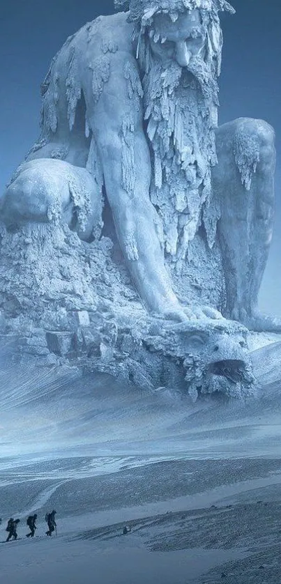 Majestic ice giant statue in snowy landscape.