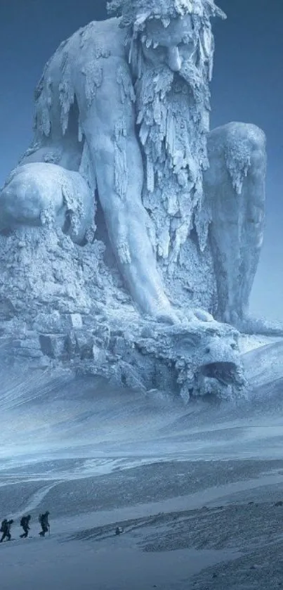 Majestic ice giant towers over a snowy landscape with distant travelers.