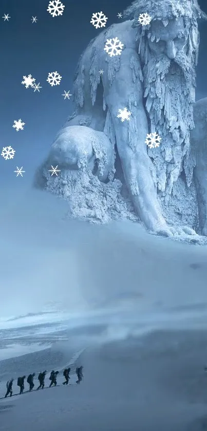 Majestic ice giant towering in snowy landscape with snowflakes.