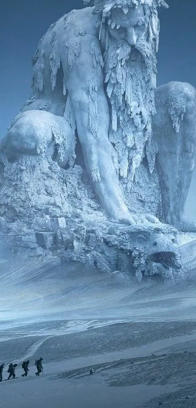 Majestic ice giant sculpture with explorers in a serene winter landscape.