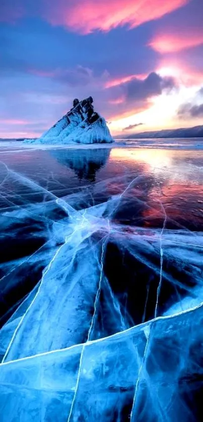 Majestic sunset over icy lake with vibrant colors.