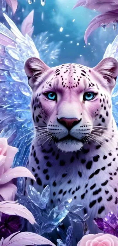 Fantasy ice leopard with crystal wings and pink flowers in a mystical setting.