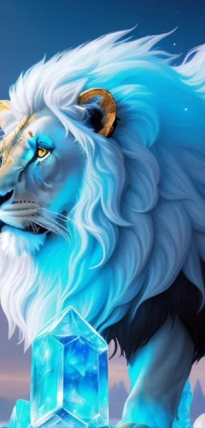 Majestic ice lion with glowing crystal, fantasy art wallpaper.