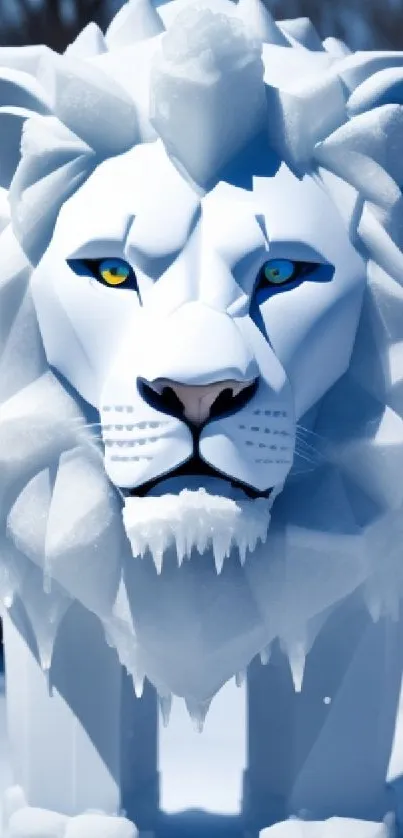 White geometric ice lion sculpture in snowy scene.