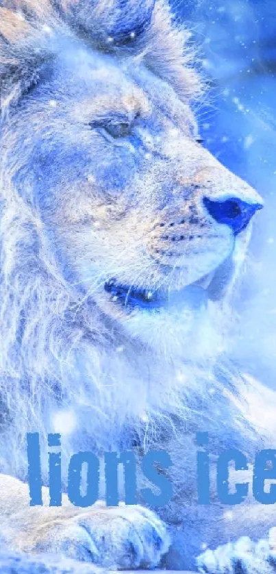 Majestic lion rests in an icy blue scene wallpaper.