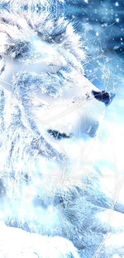 Majestic icy blue lion in a snowy backdrop.