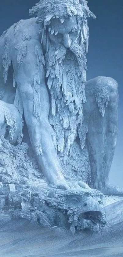 Mythical ice sculpture set against a blue background.