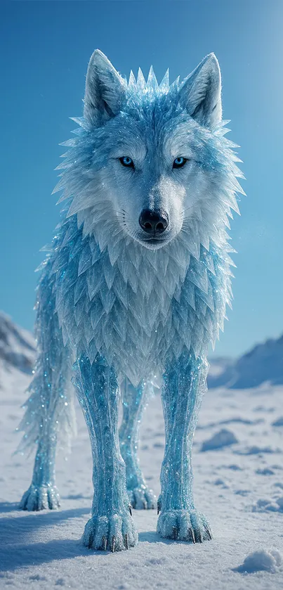 A majestic ice wolf stands in a snowy landscape under a clear blue sky.