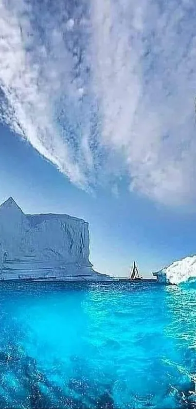 Dramatic iceberg rising from ocean under a clear blue sky.