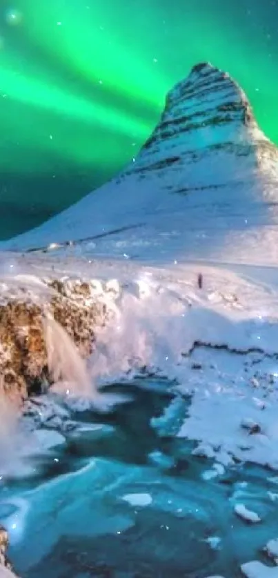 Scenic Iceland landscape with green aurora and snowy mountains.