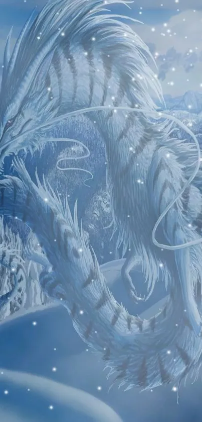 Icy dragon wallpaper with wintry, fantasy landscape.