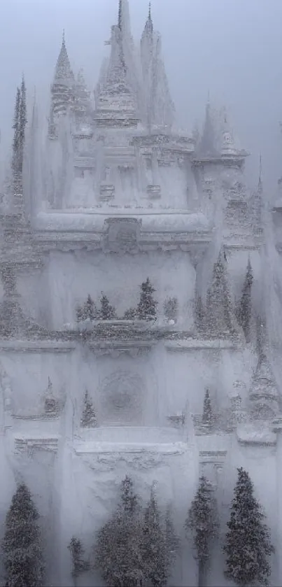 Intricate icy castle with snow-covered details.