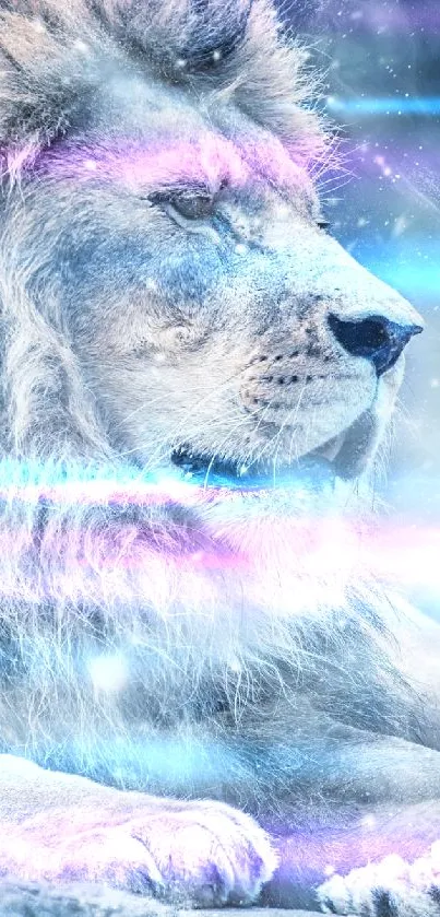 Majestic lion in icy blue landscape with snow.