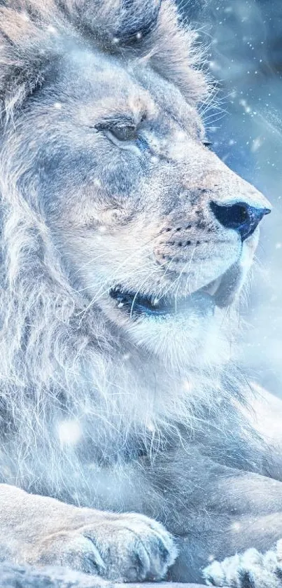 A majestic lion resting in a snowy landscape with a serene expression.