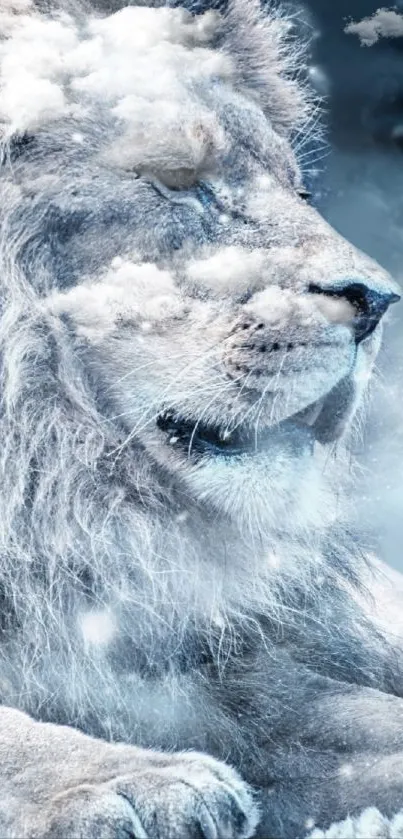 White lion in icy clouds mobile wallpaper.