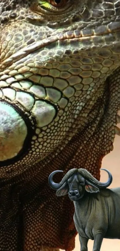 Close-up of iguana with buffalo on smartphone wallpaper.