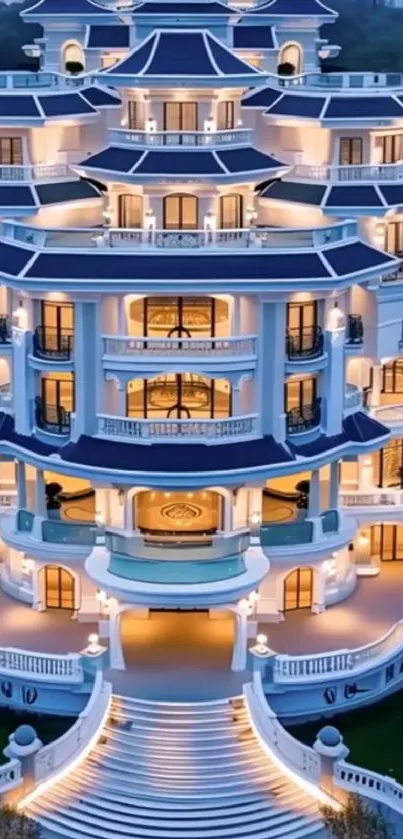 Stunning mobile wallpaper of an illuminated blue and white mansion at dusk.