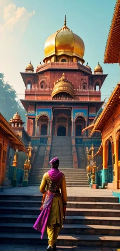 Majestic Indian temple with golden dome and vibrant colors.