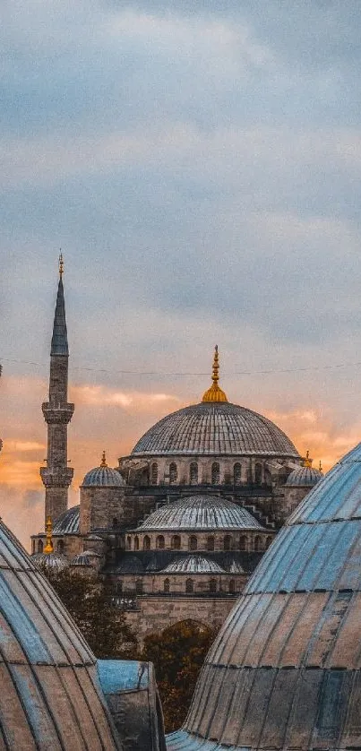 Majestic Istanbul skyline with domes and sunset.