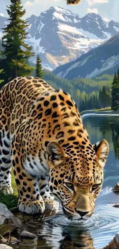 Majestic jaguar by mountain stream scenery.