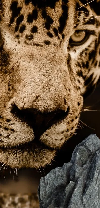 Sepia-toned close-up of a jaguar, showcasing its intense gaze and spotted fur.