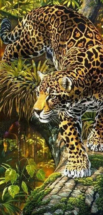 Majestic jaguar on a jungle tree branch with lush foliage background.