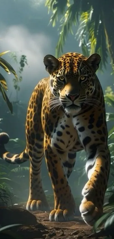 A majestic jaguar walks through a dense jungle in vibrant greenery.