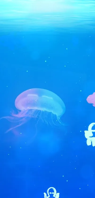 Serene mobile wallpaper with glowing jellyfish in blue ocean scene.