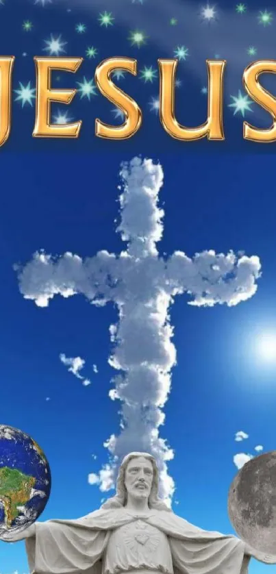 Jesus statue with cloud cross in blue sky, featuring Earth and Moon.