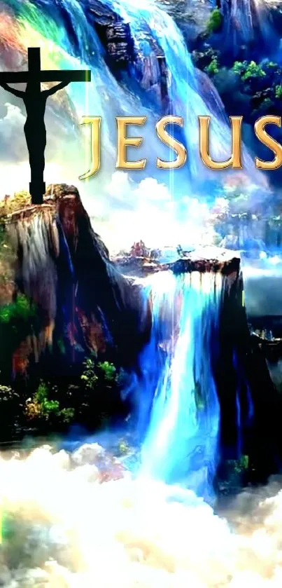 Majestic landscape with Jesus on cross and waterfall.