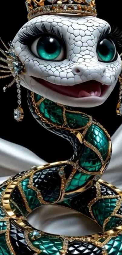 Jewel-encrusted serpent with green scales and a crown on a black background.