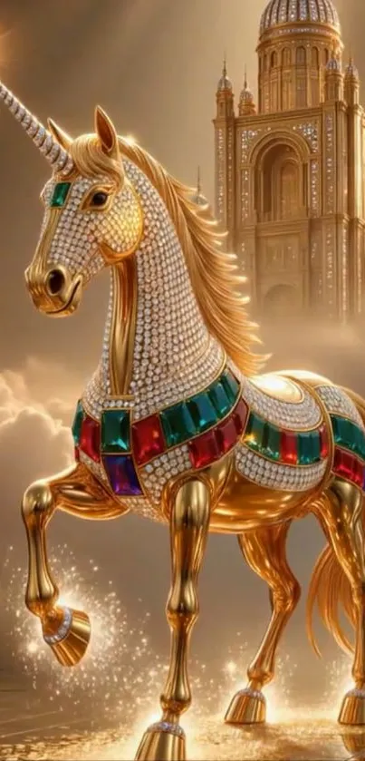 Majestic unicorn with jeweled armor in front of a golden castle.