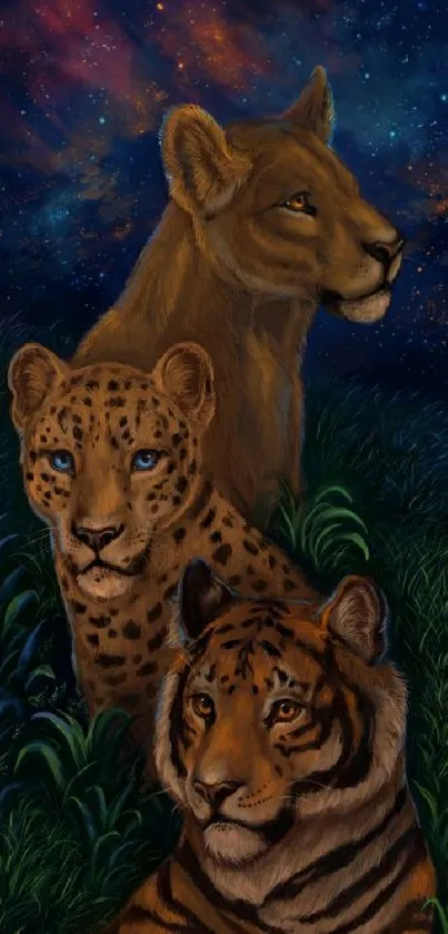 Majestic jungle cats under a starry night sky wallpaper.