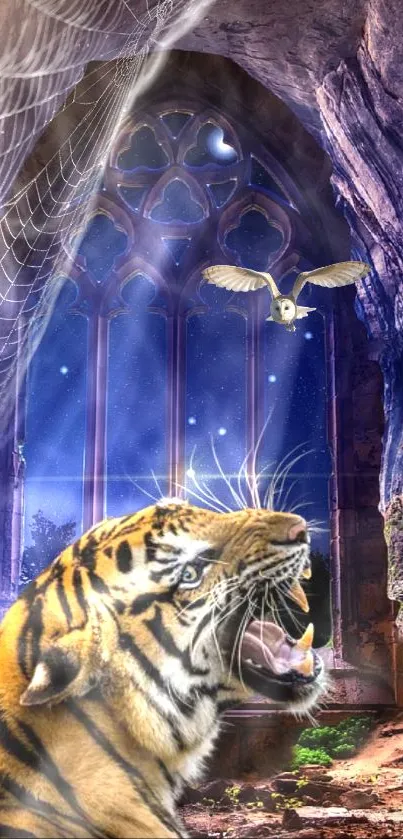 Fantasy jungle wallpaper with tiger and owl under a mystical archway.